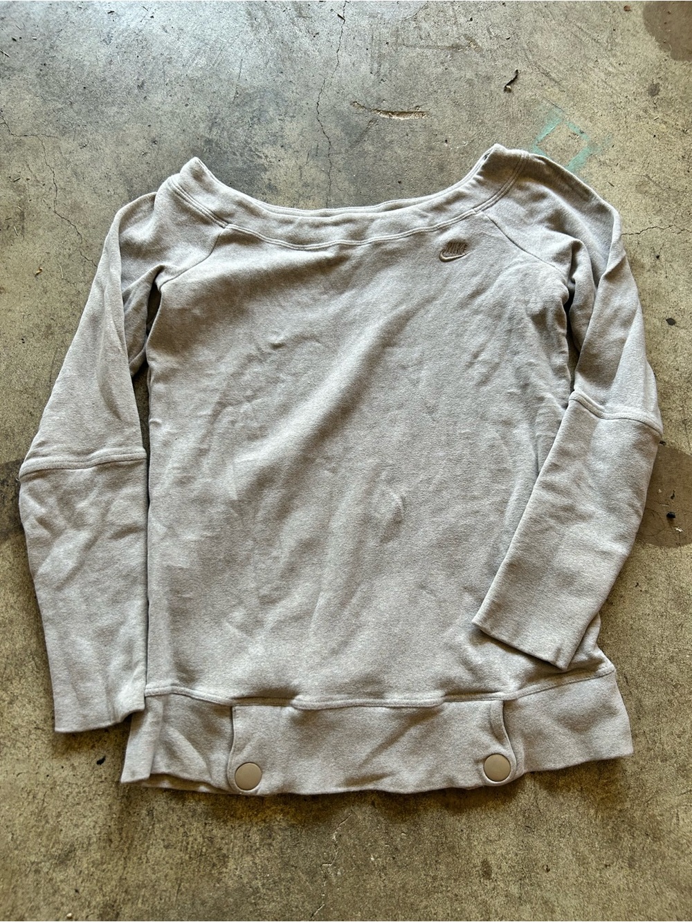 Nike Light Taupe Off-Shoulder Sweatshirt with Button Hem
